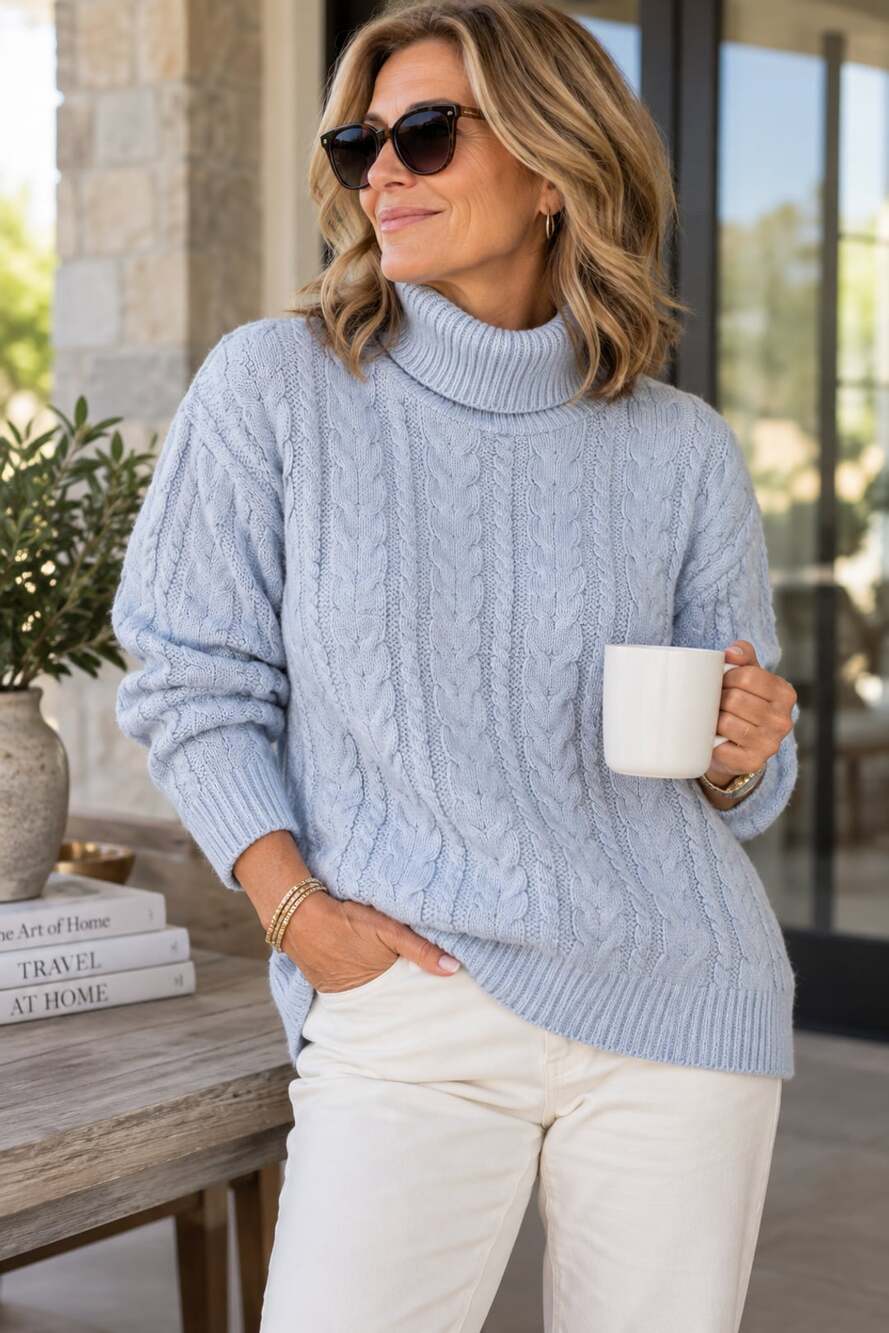 Lord & Taylor Exclusively Light Blue 100% Cotton Cable Knit Turtleneck Sweater S
